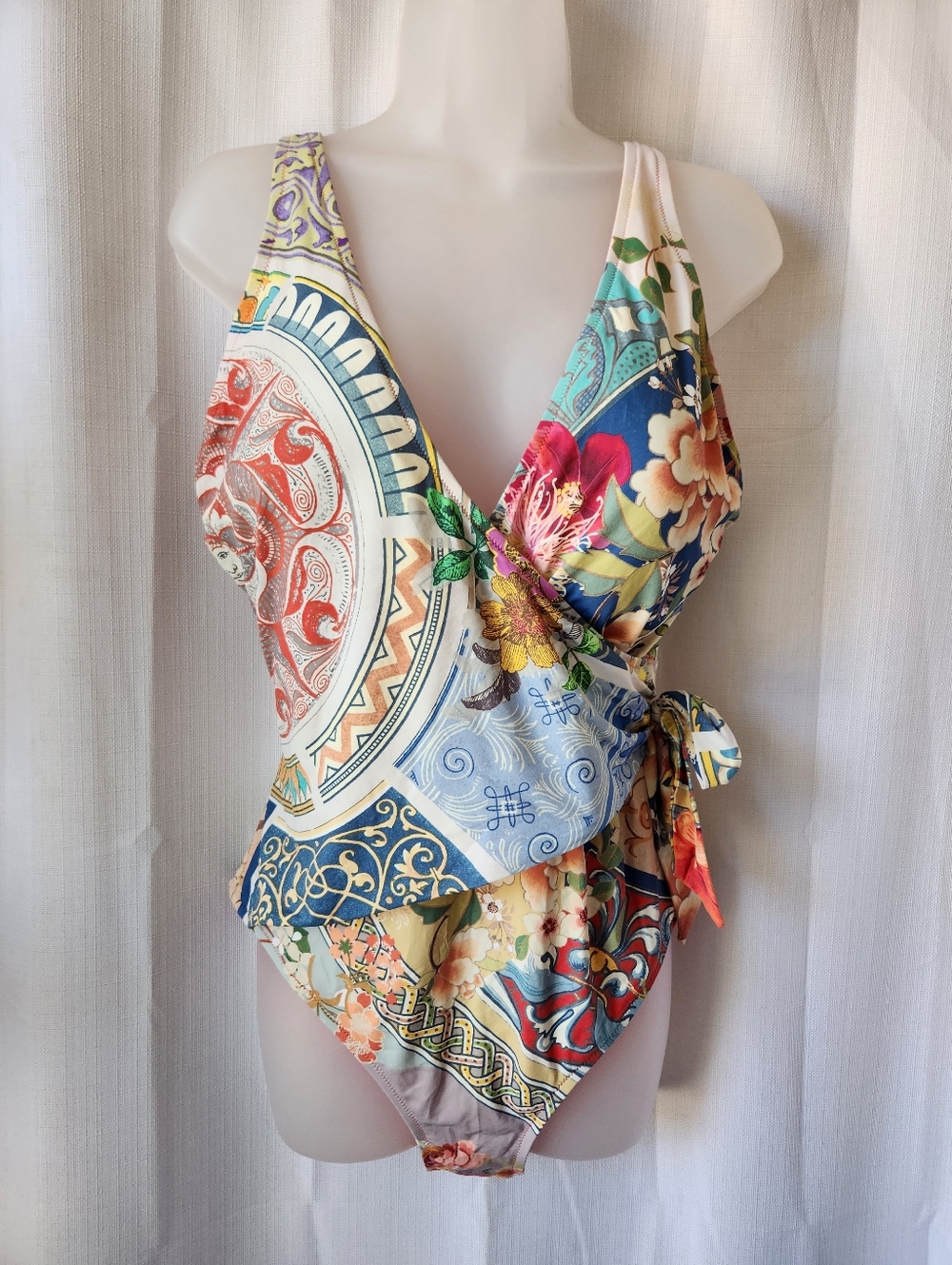 Johnny Was Women’s Boho Multicolor Floral Print Wrap One Piece Swimsuit Size XL - Picture 3 of 11